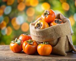 persimmon fruits in a bag on a wooden table with blurred background photo