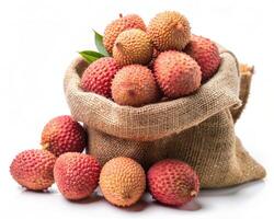 lychee in a sack on white background photo