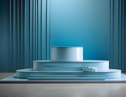 3d background product display podium scene. Blue 3d podium. 3d rendering, Perfect platform for showing your products. photo