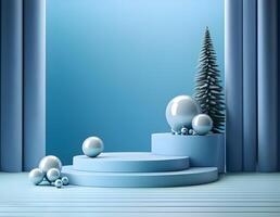 3d background product display podium scene. Blue 3d podium. 3d rendering, Perfect platform for showing your products. photo