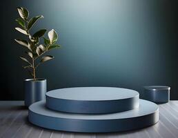 3d background product display podium scene. Blue 3d podium. 3d rendering, Perfect platform for showing your products. photo
