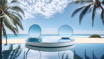 3d podium, 3d background product display podium scene.the calming effect of water ripples on the light blue surface photo