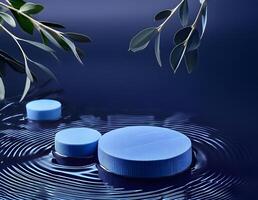 3d podium, 3d background product display podium scene.the calming effect of water ripples on the light blue surface photo