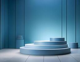 3d background product display podium scene. Blue 3d podium. 3d rendering, Perfect platform for showing your products. photo