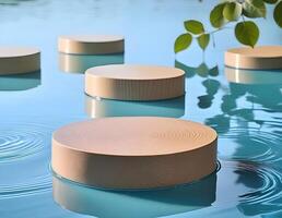 3d podium, 3d background product display podium scene.the calming effect of water ripples on the light blue surface photo
