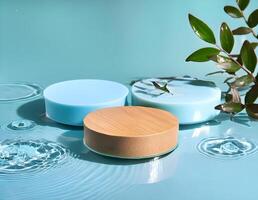 3d podium, 3d background product display podium scene.the calming effect of water ripples on the light blue surface photo