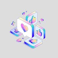 3d Like and Heart Button in different Isometric Dimension in Holographic colors. illustration vector
