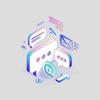3d Messages Button in different Isometric Dimension in Holographic colors. At symbol and Bubble Speech illustration vector