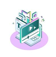 Artificial intelligence turns text into . Isometric minimalist style. Large monitor. Service for generating footages. Neural Network illustration vector