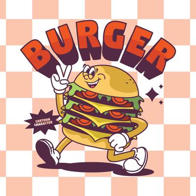 Funny cartoon character of burger. Can be used as Sticker, posters, prints. Retro cartoon style. illustration