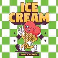 Funny cartoon character of ice cream. Can be used as Sticker, posters, prints. Retro cartoon style. vector