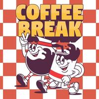Funny cartoon character of a cup coffee. Can be used as Sticker, posters, prints. Retro cartoon style. vector