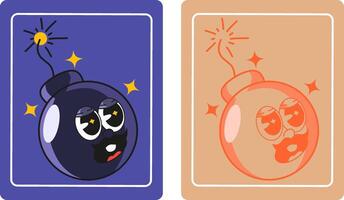A groovy 60s cartoon illustration of a bomb with a lit fuse, featuring a shocked facial expression in classic psychedelic cartoon style. vector