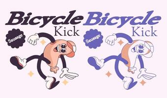 Groovy mascot artwork of a sausage performing a bicycle kick in a freestyle pose, complete with hand and foot gestures and a cheerful facial expression. vector