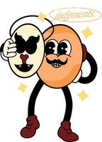 Groovy psychedelic 60s emoji mascot art wearing a hat and removing its spooky mask, representing the message of not judging others by their appearance before knowing the truth. vector