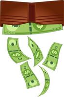 Dollar bills falling down out of wallet for overspending concept illustration vector