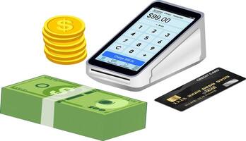 credit card terminal isolated view for credit card reader with money bills, coins and credit card illustration vector