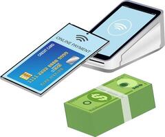 credit card terminal isolated view for credit card reader with money bills, coins and credit card illustration vector