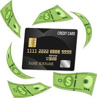 credit card isolated view with flying dollar bills vector