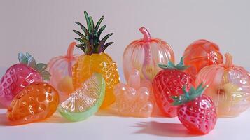 Colorful Glass Fruits on White Background. Glass Strawberries, Pineapple, and Citrus photo