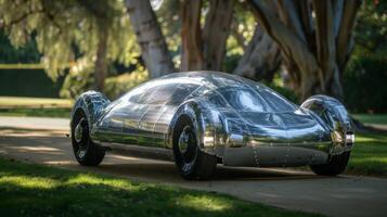 Futuristic Concept Car Reflecting Sunlight in Serene Park photo