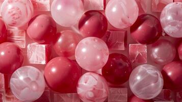 Pink and Red Marble Balls and Ice Cubes in Abstract Arrangement photo