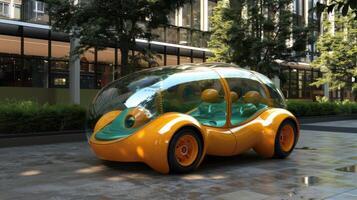 Futuristic Transparent Car on City Street with Modern Architecture and Greenery photo