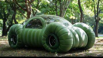 Futuristic Inflatable Car in a Lush Green Park Setting photo