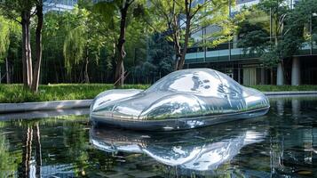 Futuristic Metallic Sculpture in Modern Urban Park with Reflective Water Feature photo
