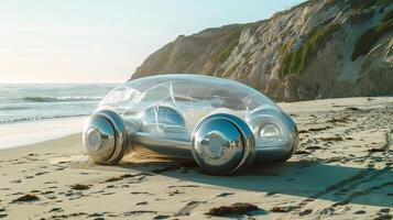 Futuristic Transparent Concept Car on a Scenic Beach with Rugged Cliffs and Ocean Waves photo