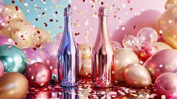 Vibrant Celebration with Festive Balloons and Sparkling Bottles of Pink and Blue Champagne photo