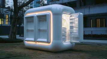 Futuristic Smart Refrigerator Pod in Urban Park with Open Door and LED Lighting photo