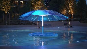 Illuminated Floating Umbrella in Modern Pool at Night with Glowing Lights and Tranquil Atmosphere photo