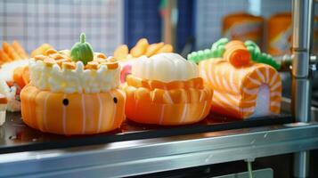 Colorful Sushi Display Featuring Creative Pumpkin-Shaped Rolls and Decorative Food Art photo