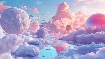 Surreal Dreamscape with Floating Spheres in Vibrant Sunset Sky photo