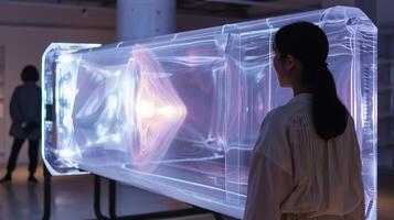 Woman Analyzing Holographic Display in Futuristic Technology Exhibit photo