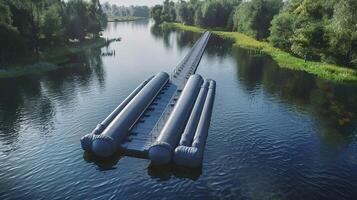 Floating Inflatable Bridge Over Serene River Surrounded by Lush Greenery photo