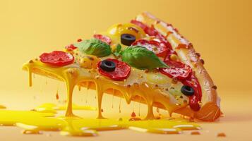 Delicious Melting Pizza Slice with Pepperoni, Basil, and Olives on Yellow Background photo