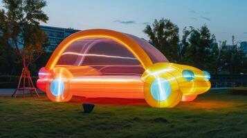 Illuminated Inflatable Car Sculpture at Dusk in City Park photo