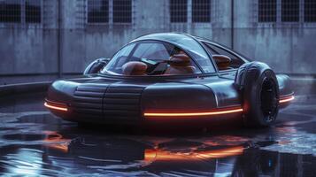 Futuristic Autonomous Hover Car in Rainy Urban Setting with Neon Lighting photo