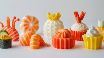 Colorful and Creative 3D Printed Food Sculptures on White Background photo