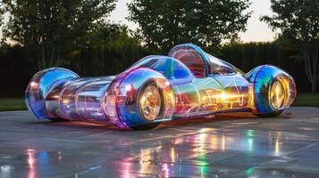 Futuristic Transparent Concept Car with Neon Lights at Sunset in Outdoor Setting photo