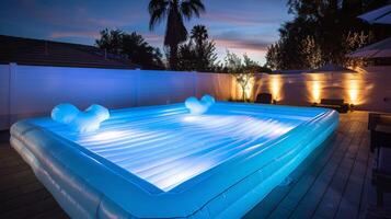 Illuminated Inflatable Pool at Dusk in Backyard with Glowing Lights, Majestic Palm Tree, and Soft Seating photo