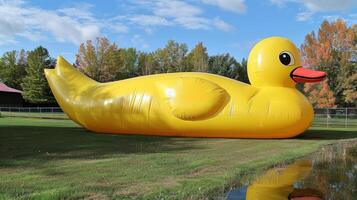 Giant Inflatable Rubber Duck in Park on Autumn Day with Blue Sky and Colorful Trees photo