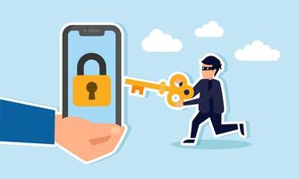 Cyber security hacker stealing money online, phishing, or digital banking threats, concept of A hand holding a mobile smartphone with a lock and keyhole, depicting a criminal using a key vector