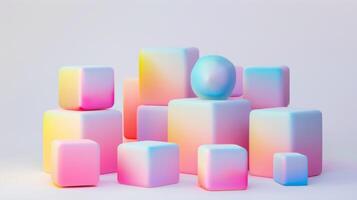 Abstract Pastel Geometric Shapes Composition with Colorful Gradient Cubes and Sphere photo