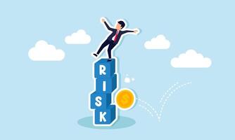 Investment risk stock market volatility, price drops, stability, and uncertainty, concept of A businessman investor falls from a stack of blocks labeled RISK, hit by a money coin vector