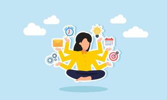 Manage projects efficiently, balance tasks, improve productivity, and handle work responsibilities effectively, concept of productive woman with multiple hands handle multitasking job vector