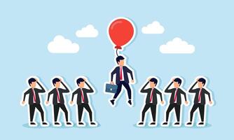 Differentiate from competitors, stand out as unique or better than others, be outstanding, concept of An innovative businessman stands out from competitors by flying with a balloon vector