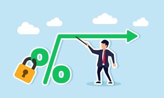 Fixed interest rate, mortgage or loan, stable cost, and constant banking or financial return rate, concept of A businessman and real estate owner with a fixed percentage sign vector
